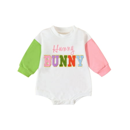 

Qtinghua Infant Baby Girls Easter Casual Romper Long Sleeve Letter Embroidery Jumpsuit Bodysuit Clothes