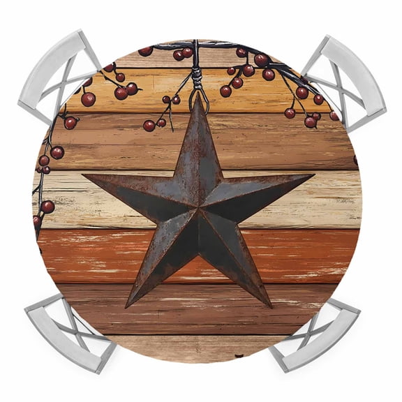 Elastic Fitted Round Tablecloth, Texas Star Vintage Waterproof Stretch Table Cover for 36"-44" Tables, Berry Burnt Orange Brown Wooden Washable Outdoor Tablecloths for Patio, Picnic, Camping