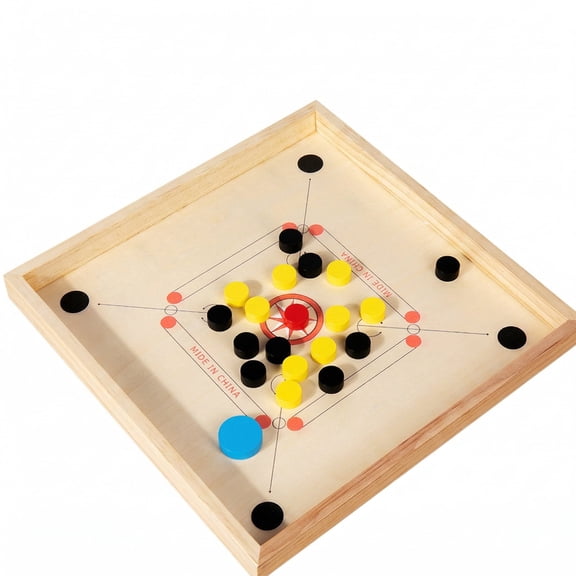 Wooden Carrom Board Game Set - Indian Strike and Pocket Game with Black Yellow Coins & Red Queen, Complete Family Indoor Board Game for 2-4 Players