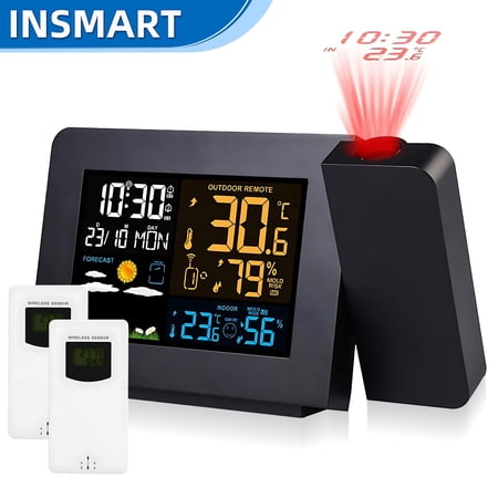 INSMART Weather Station for Home with 2 Outdoor Sensors, Wireless Indoor Outdoor Thermometer, Color Display Temperature Humidity Monitor, Weather Forecast, Alarm Clock, Projection & Backlight