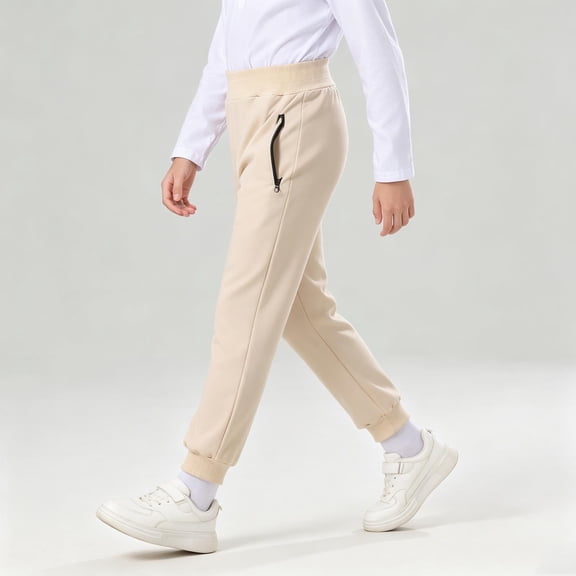Qunyiney with Zipper Pockets Sweatpants for Boys Lightweight Athletic Beige Joggers Relaxed Fit Performance Elastic Waist Casual Sweatpants Size 7-8years