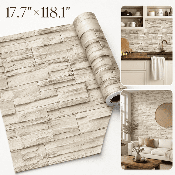 Ustris Stone Wallpaper Peel and Stick Wallpaper 17.7inch×118.1inch Brick Peel and Stick Backsplash for Kitchen Wallpaper Stone Contact Paper Removable Wallpaper for Living Room Decorative Vinyl