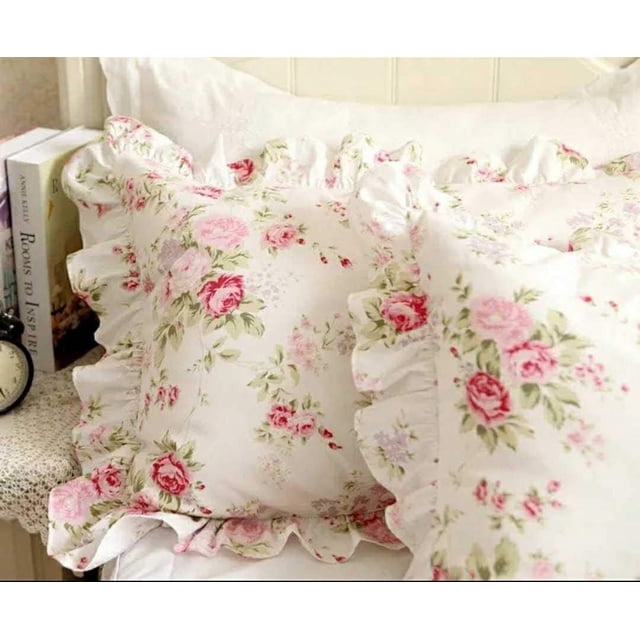 Kolachic Country Rose Roses Pink Floral Print Pillowcases Vintage Ruffles Bedding Pillow Covers Cotton Fabric Material Standard