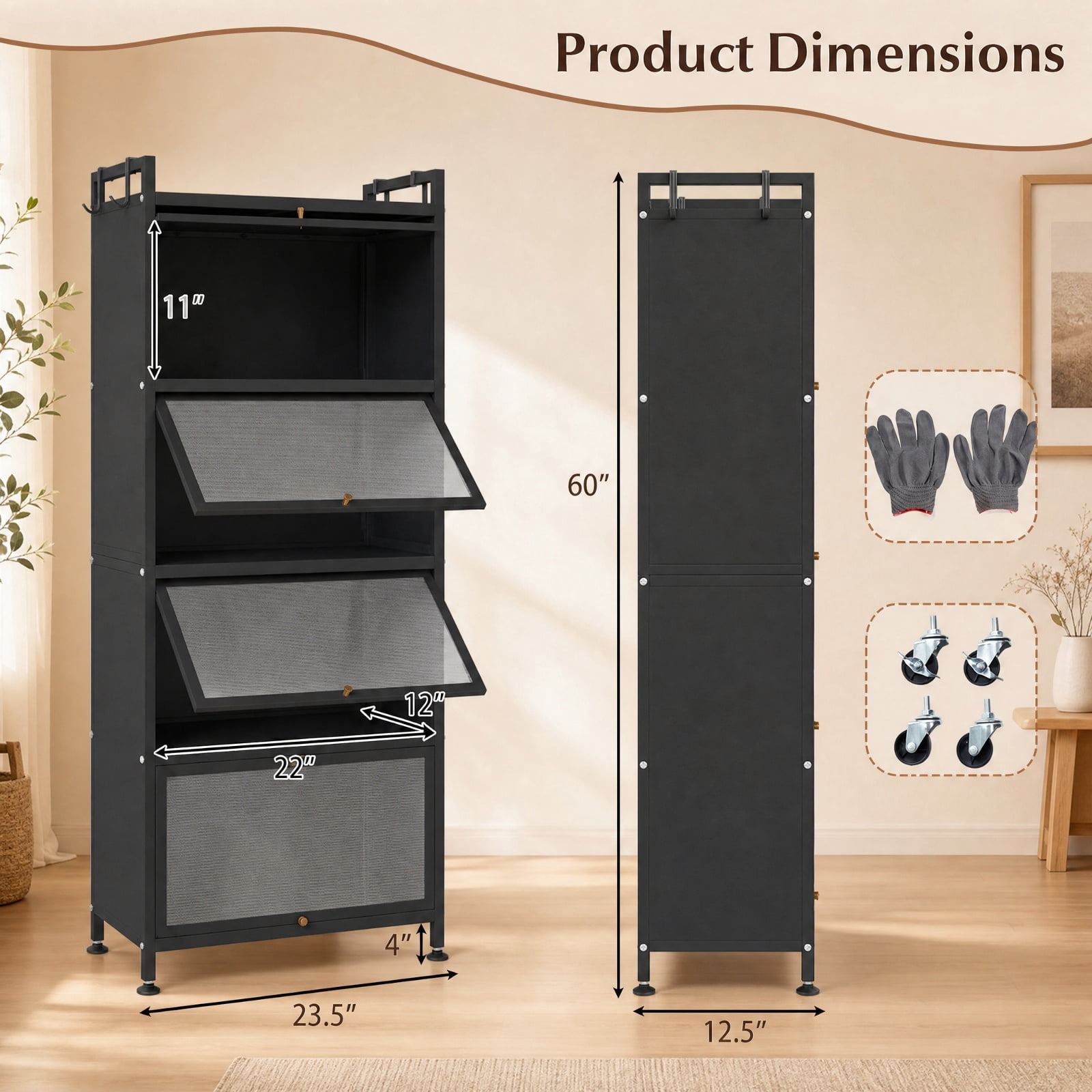 RUIE 5-Tier Metal Pantry Organizer Baker's Rack with Flip-up PC Doors, Rolling Kitchen Storage Cabinet with Universal Wheels and Golden Handles, Black
