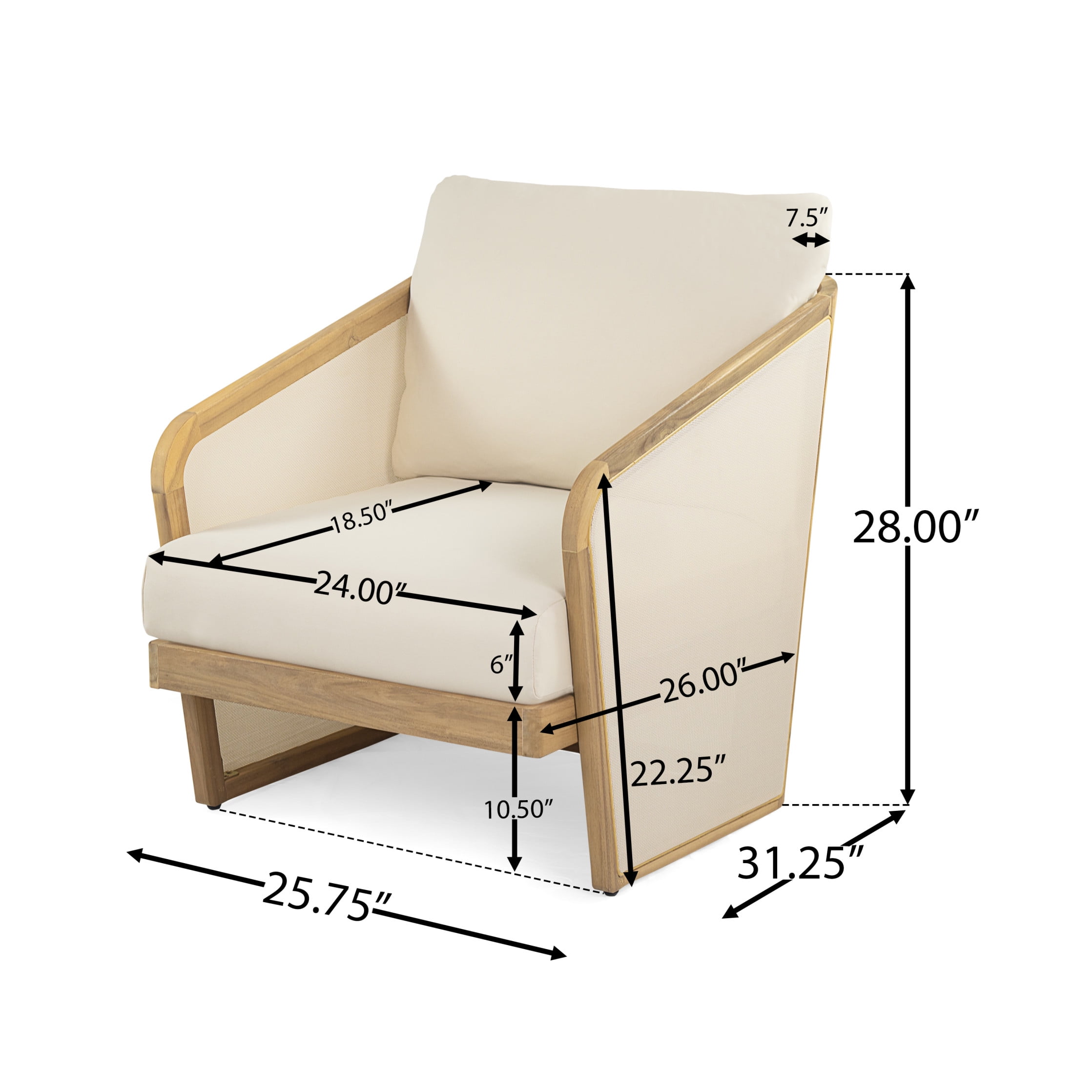 Zephyr Modern Outdoor Patio Mesh Lounge Chair with Cushions, Solid Wood Frame, Beige