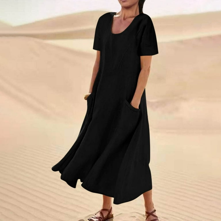 VSSSJ Women s Round Neck Loose Summer Cotton Linen Dresses Short Sleeve Casual Vacation Solid Color Midi Long Dress with Pockets Black S Walmart