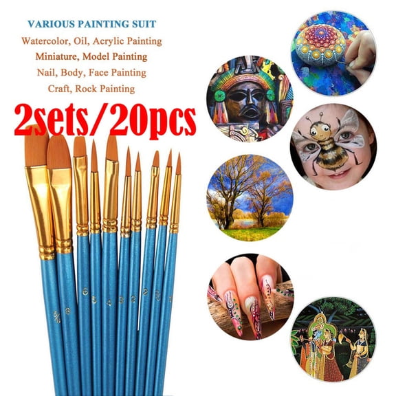 BRELIL Acrylic Paint Brush Set 2Packs 20 Pcs Nylon Hair Brushes, Round Pointed Artist Painting Brushes, All Purpose Oil Watercolor Gouache Art Supplies for Canvas Acrylic Painting Artist Kits
