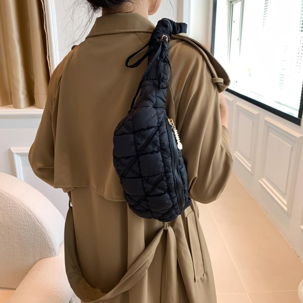 CAILDANL Quilted Crossbody Sling Bag Puffer Crossbody Fanny Pack Waist Bag Nylon Puffy Shoulder Bag Quilted Padding Crossbody Purse for Women