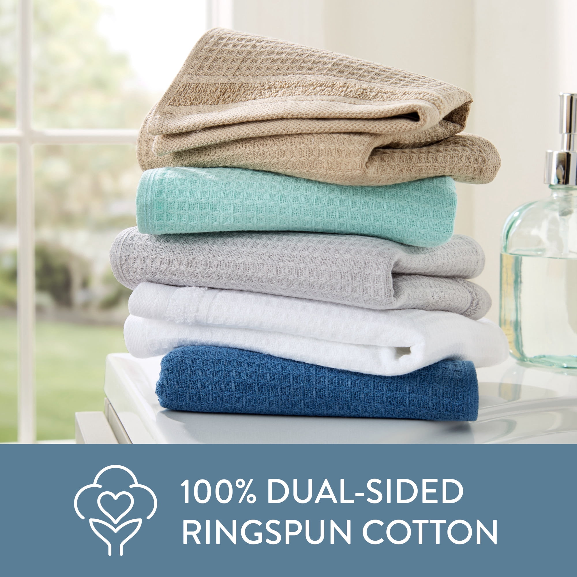 TOWN & COUNTRY BASICS 4-Piece Waffle Woven Terry Stripe Washcloth Set, 13"x13", 100% Cotton, Quick Dry, Blue