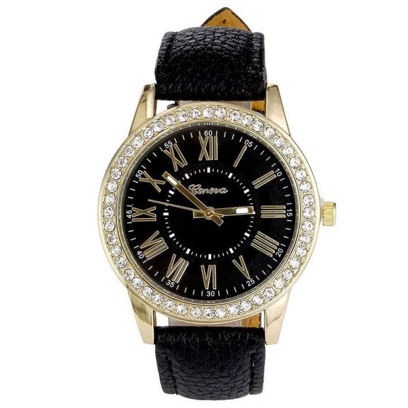 LINEL Black Faux Leather Watch Crystal Dial Roman Numerals