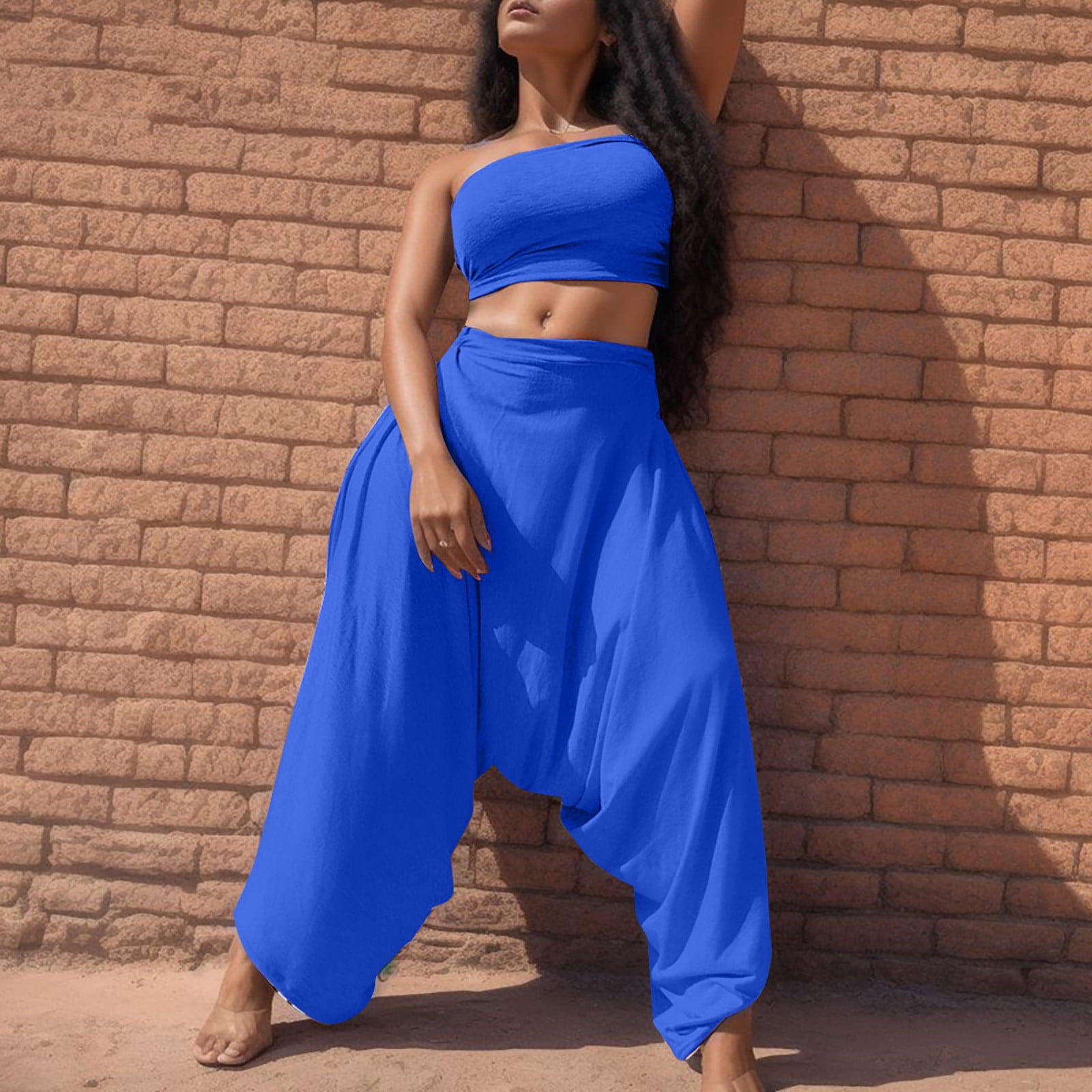 Womens Pants Girls Jumpsuit Women s Solid Color Sexy Bandeau Harem Pants Jumpsuit Set Adult Female Clothes Blue Size XXL