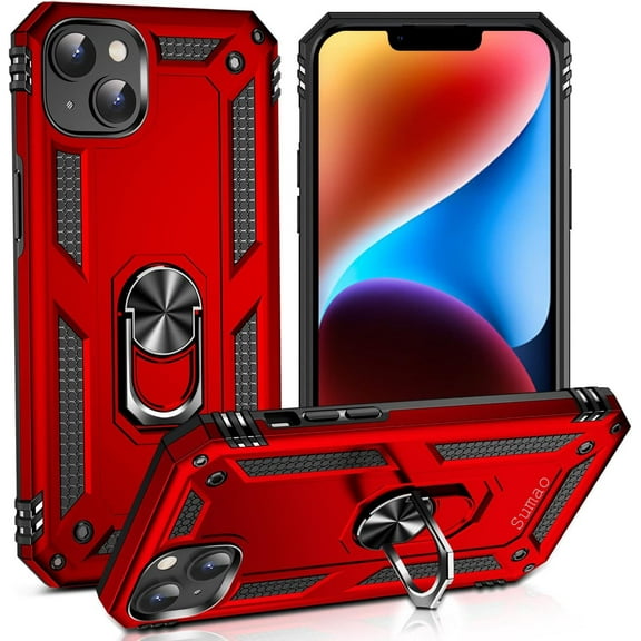 Sumao for iPhone 14 Case with Ring,Military Grade Shockproof Liquid Silicone Slim Phone Case-Red
