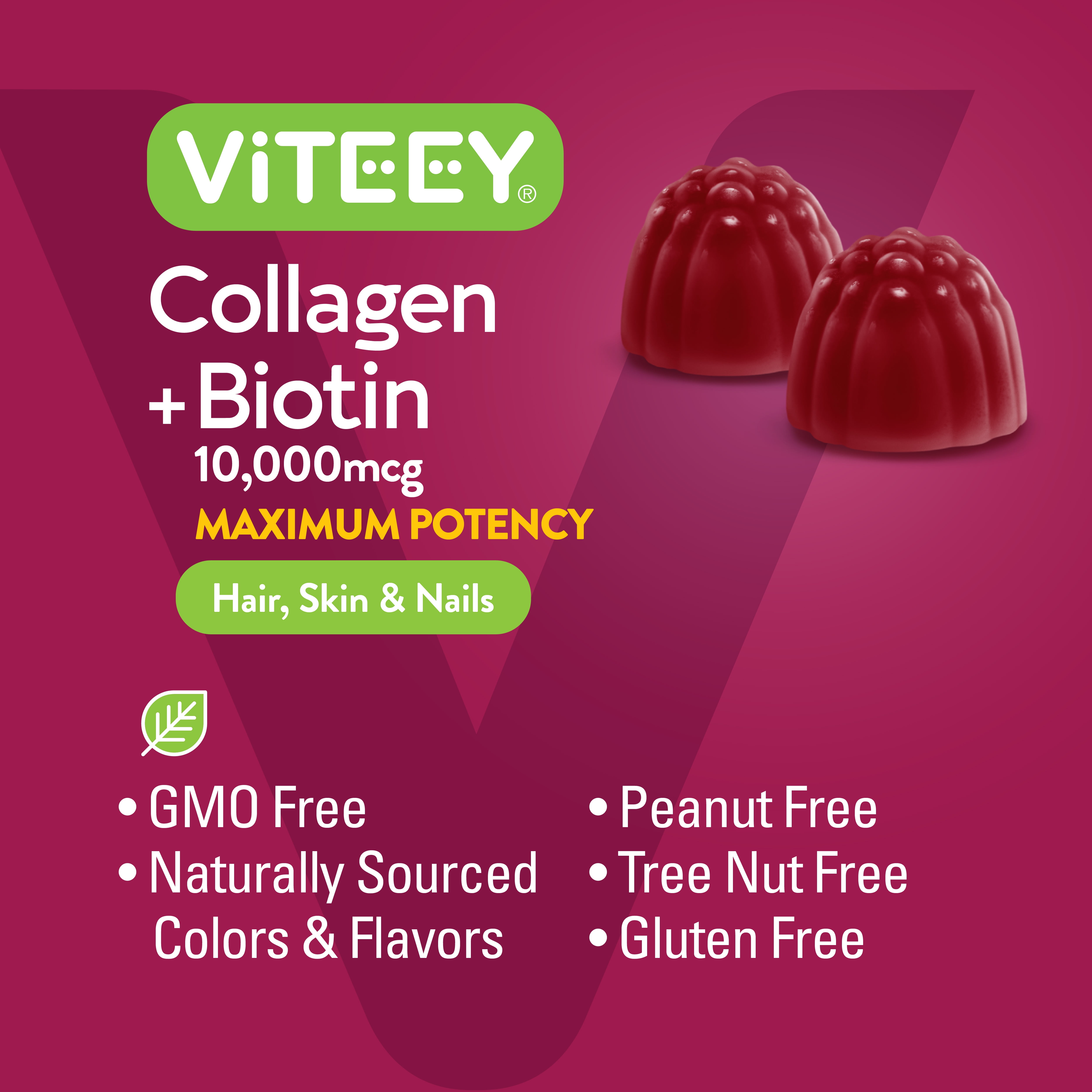 VITEEY Collagen and Biotin Gummies, Hair Skin and Nails, Raspberry Flavor, 60 Count, 2 Pack