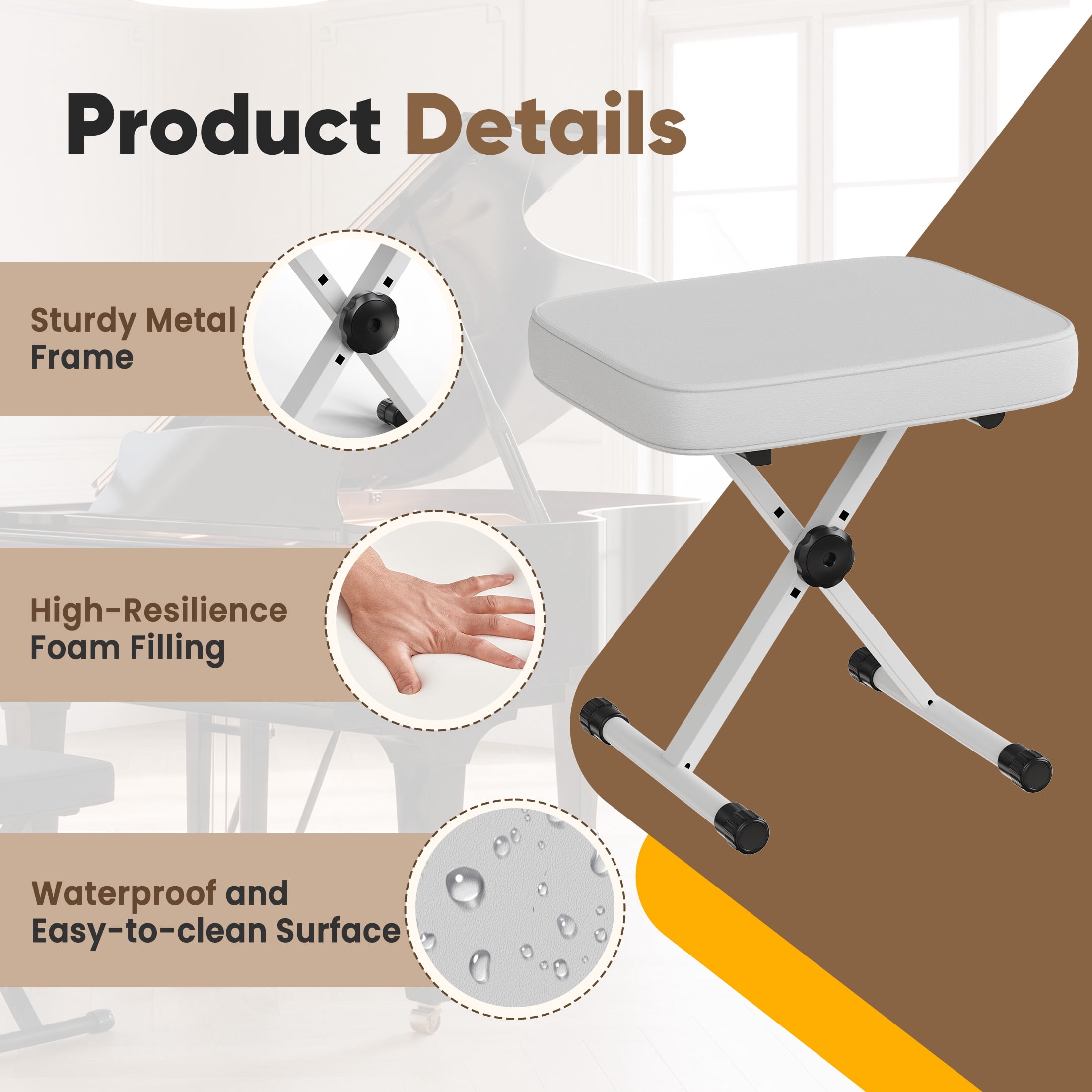 EDX Adjustable Height Piano Bench / Music Performance Stool - 3-Level Height Adjustment, Non-Skid Design,High-Density Sponge Padded, Portable & Foldable X-Style Seat, 250LBS Weight Capacity, White