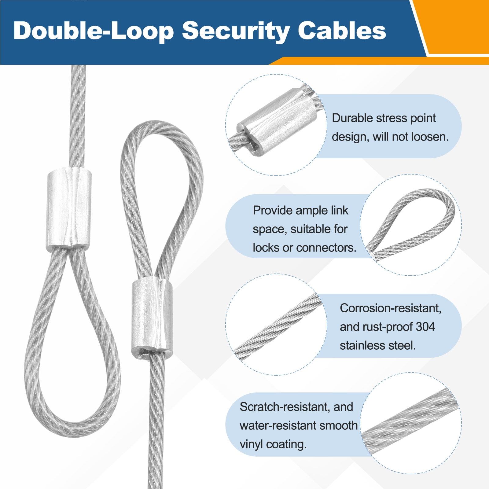 Uxcell 16 Pcs Security Cable Lock - Double Loop Cable (3.28 ft x 0.08 Inch) Vinyl Coated 304 Stainless Steel Safety Flexible Wire Rope Luggage Bike Anti-Theft Security Chain Lock, Silver