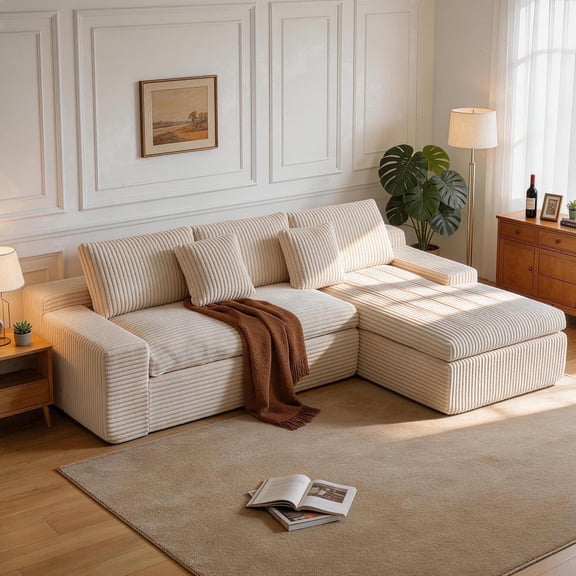 HipyMo 105" Sectional Couches for Living Room Corduroy Cloud Couch Sofa with L-Shape Upholstered Boneless Couchs Modern Modular Sectional Couch with Chaise (Right Facing Chaise 2Seaters, Beige)