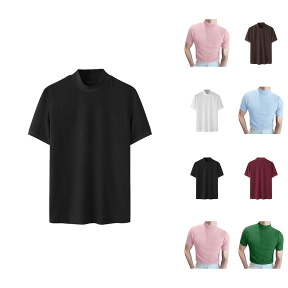 Mens T-Shirts Spring Summer Solid Ribbed Knit Neck Short Sleeve Mens Undershirts Basic Tops