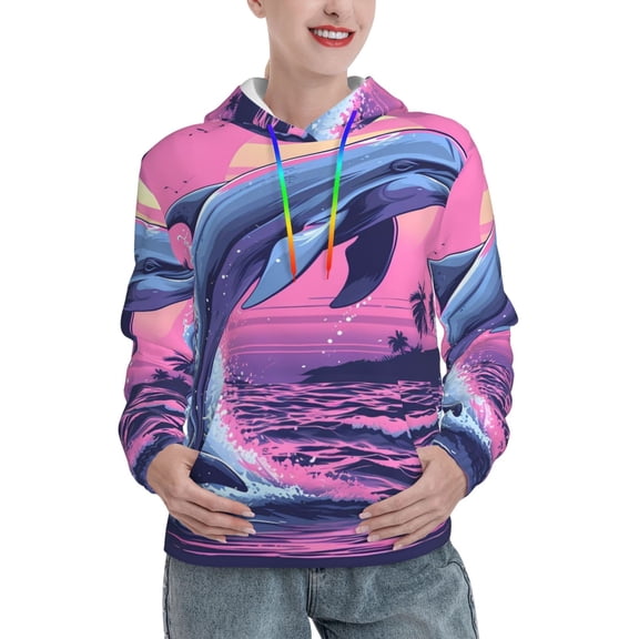 Kdxio Hawaiian Beach Dolphin Print Womens Oversized Hoodies Sweatshirts Hooded Pullover Tops Sweaters Casual-Small