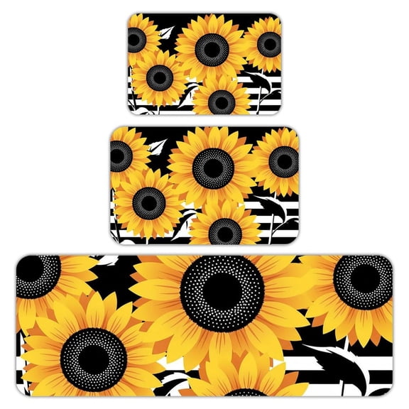 RKSupls Kitchen Rug Set 3 Piece Anti-Slip Flannel Floor Mats, Stylish Sunflowers Washable Absorbent Runner Mats for Kitchen Bathroom Home Decor