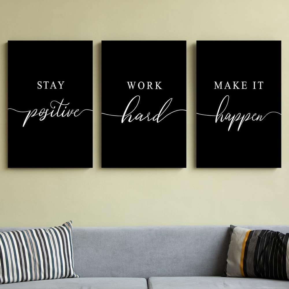 GUBIYU Motivational Wall Art Office Decor 3 PCS Positive Quotes Wall Decor for Office Stay Positive Work Hard Make It Happen Wall Art Office Pictures Inspirational Posters Black Art Wall Decor 12"x16"