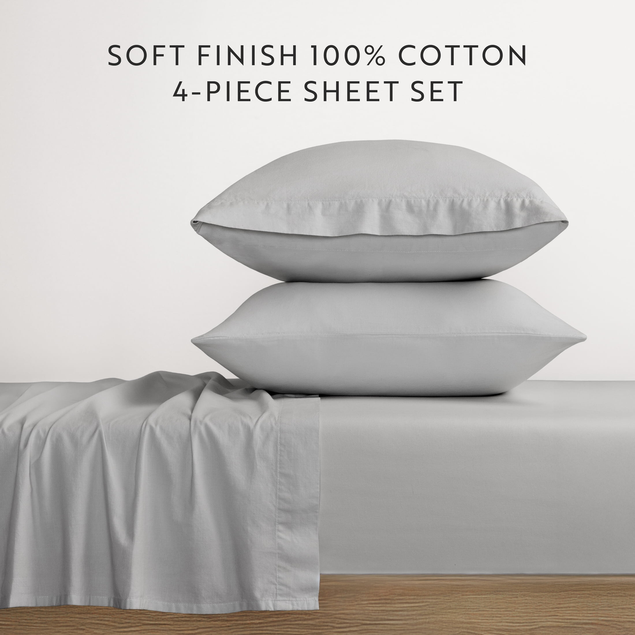 Noble Linens 4 Piece 100% Cotton Percale Sheet Set in Light Gray, Queen