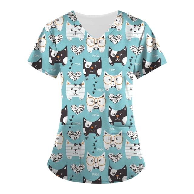 EGNMCR Tuniques Médicales pour Femmes Mode pour Femmes Manches Courtes Col en V Hauts Uniforme de Travail Imprimé avec Poche Blouse Hauts Cadeaux pour Femmes