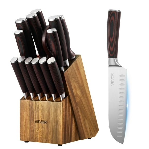 VEVOR Kitchen Knife Set with Block and Sharpener, 15 Piece High Carbon Stainless Steel Knife Set, Rust-Resistant Kitchen Cutlery with Ergonomic Handle, Sharpening Rod & Premium Wooden Block, for Home