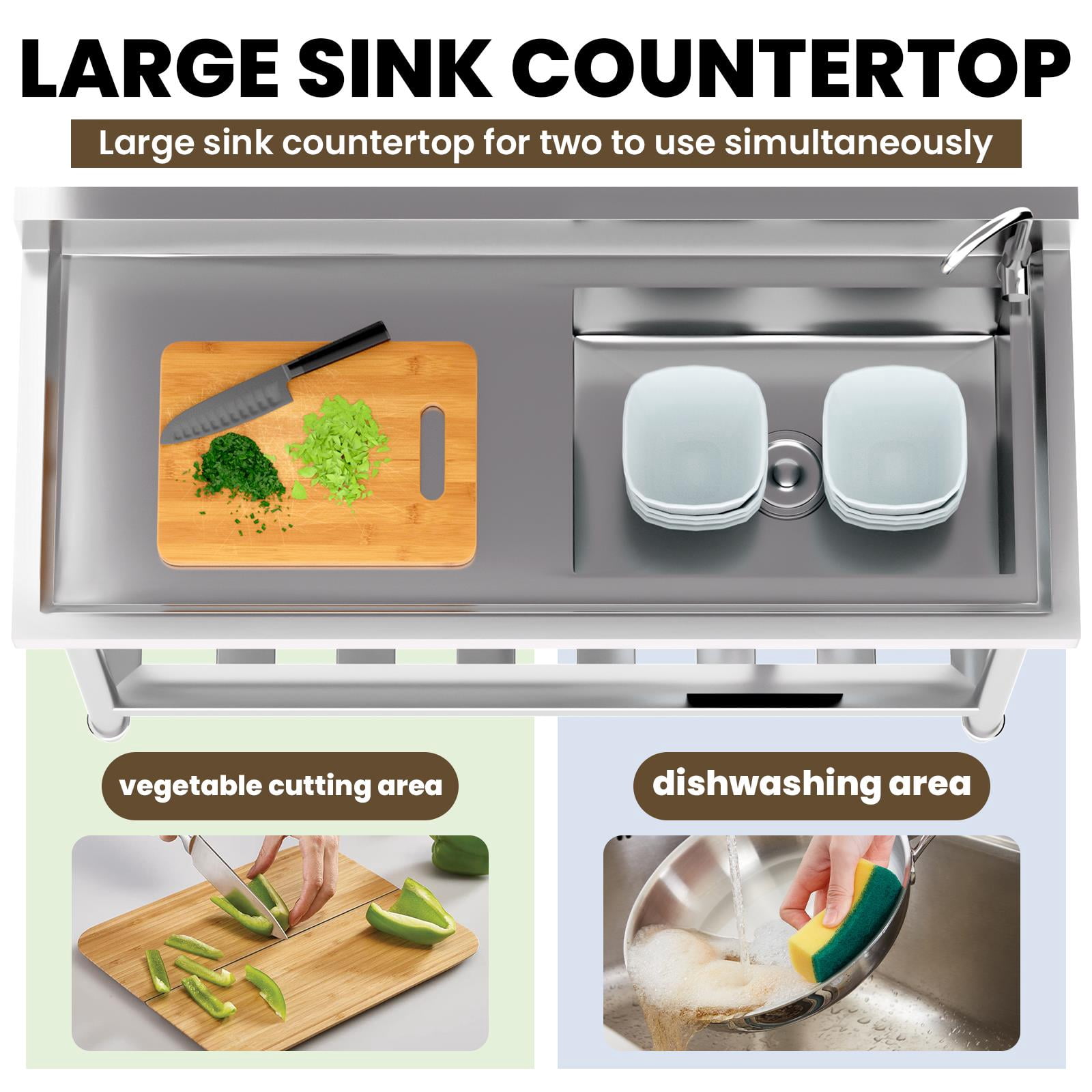 Free Standing 47in Stainless-Steel Sink Set, Commercial Prep & Utility with Workbench, Storage Shelves for Indoor Outdoor Catering Place