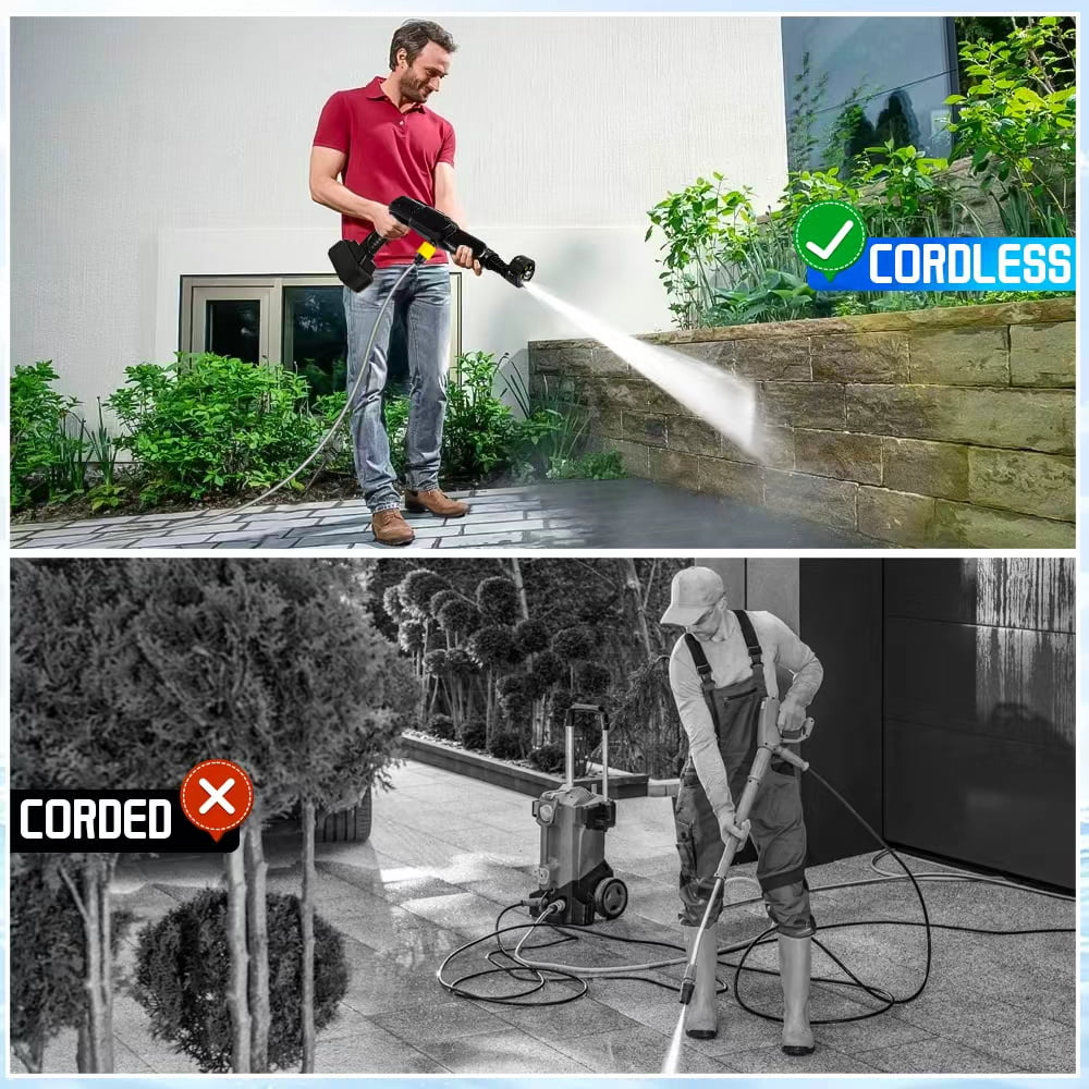 Cordless Pressure Washer, 990PSI portable pressure washer, High Power Handheld Washer with 6-in-1 Adjustable Nozzle, 18.5V 3000 mAh Battery for Car Floor Wall Fence Cleaning Garden