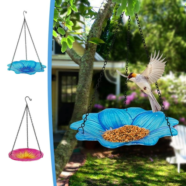 Cuenco colgante alimentador de pájaros de flores de vidrio | Diseño de colgante para exteriores | Gancho y cadena de hierro | Vidrio y metal duraderos | Resistente a la oxidación | Comedero de