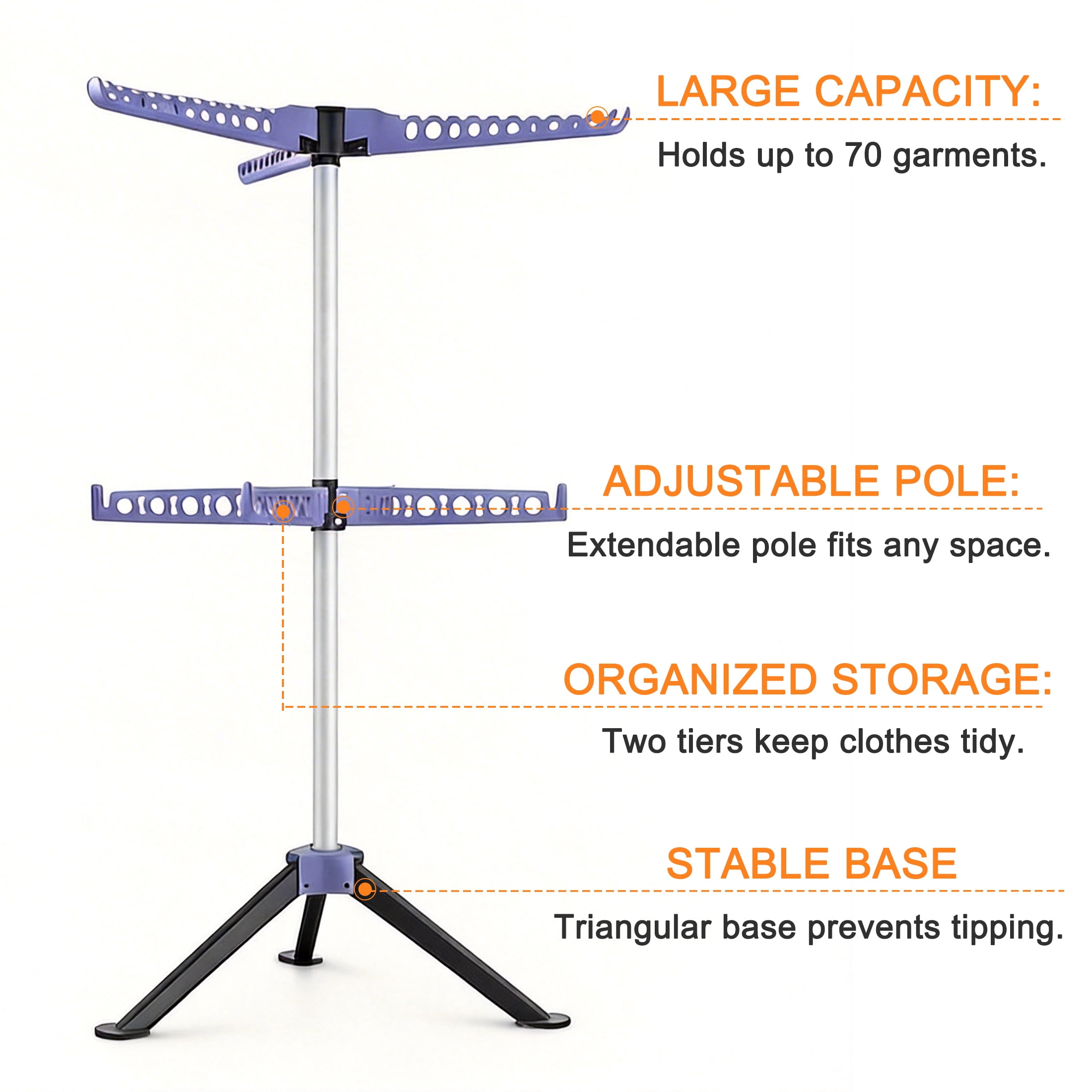 GARITIN Foldable Tripod Clothes Drying Rack, 2-Tier Folding Laundry Rack 61 Inch, 7 Arms 3 Legs, Portable Collapsible Clothing Airer for Indoor Outdoor, Blue