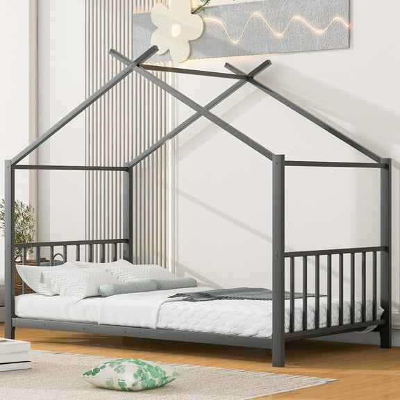 Harper & Bright Designs Twin Size Metal House-Shaped Floor Bed with Roof, Modern Sturdy Montessori Platform Bed Frame, Black