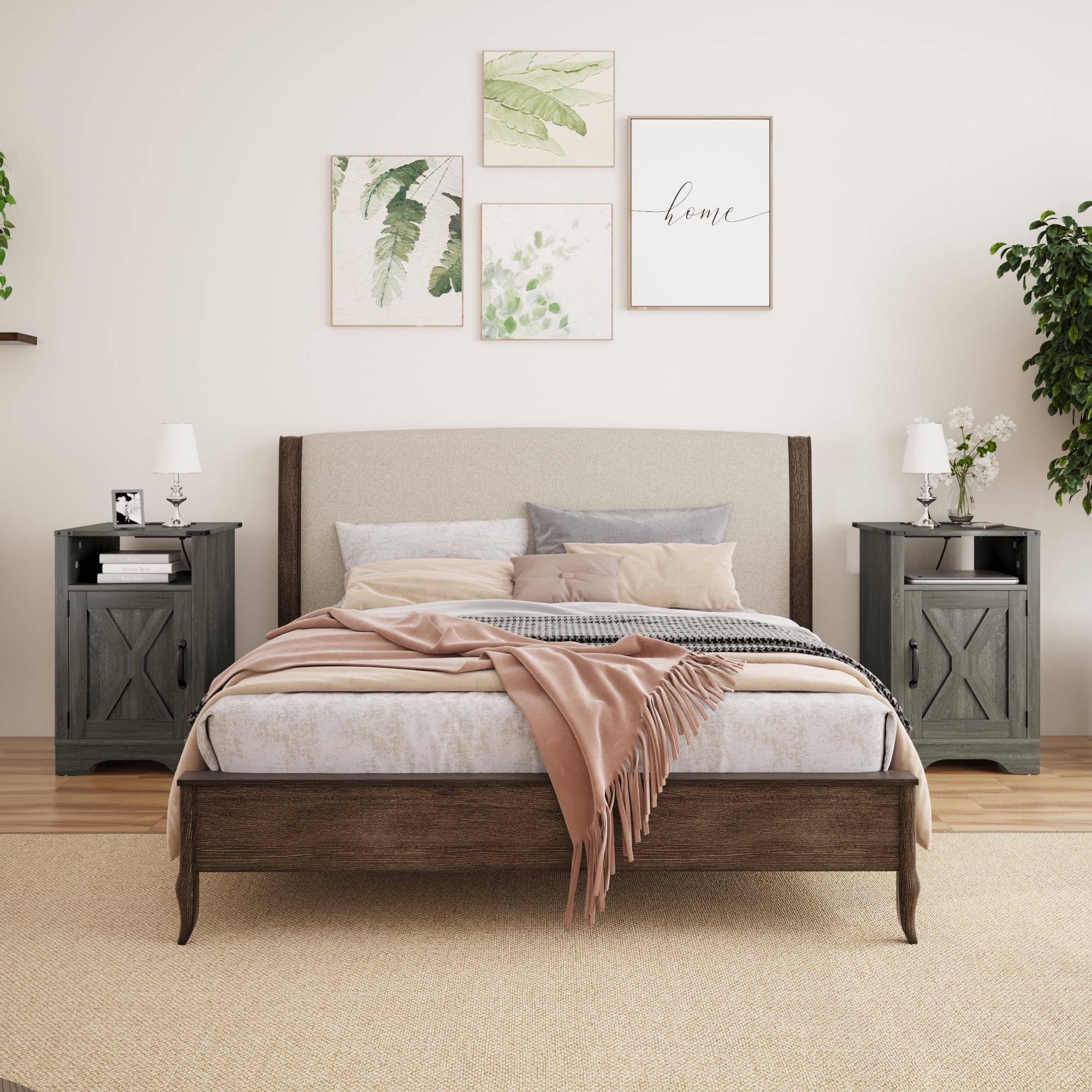 CozyHom Modern Farmhouse USB Nightstand Set of 2 With Storage Cabinet, End Side Table With Charging Station For Bedroom, Dark Grey