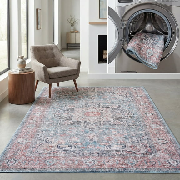 SAFAVIEH Vintage Heriz Roscoe Medallion Machine Washable Area Rug, Blue/Red, 6'7" x 6'7" Square