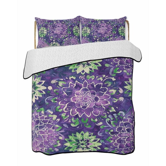 Purple Green Flowers Summer Quilt Set King Size, Soft Microfiber Quilted Bedding Set with 2 Pillow Shams, Watercolor Vintage Botanical Lightweight All Season Bedspread Coverlet for Bedroom 96"x106"