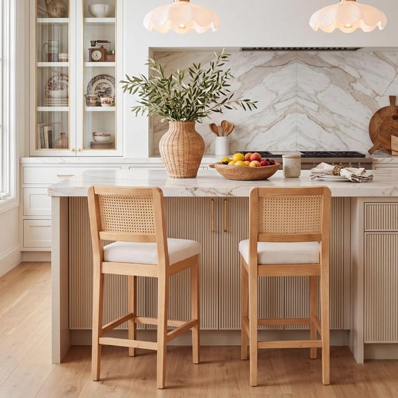 Rattan Counter Bar Stools Set of 2, Farmhouse Bar Stools with Back and Wood Legs, Upholstered Mid Century Modern Fabric Barstools Breakfast Island Chairs for Kitchen Island - White/ 26"