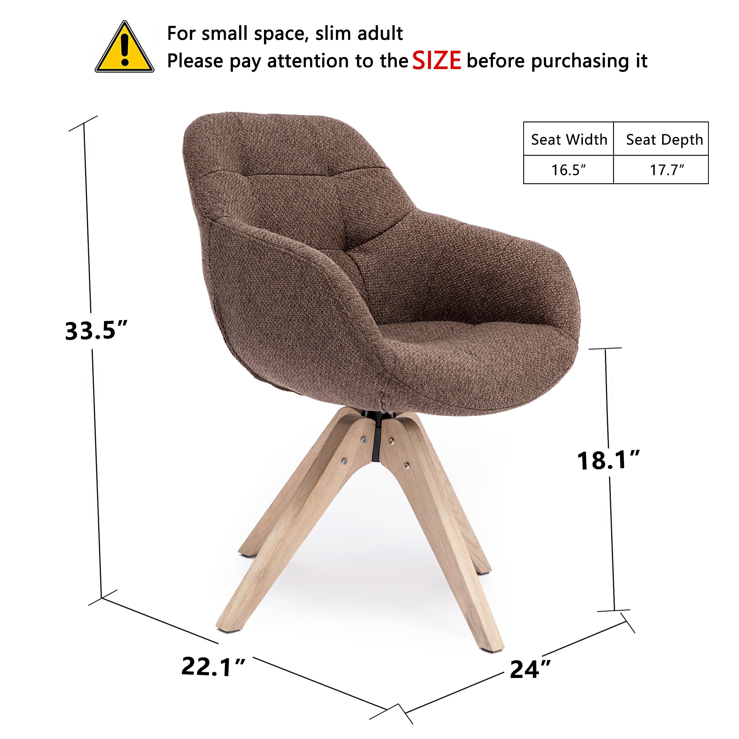 KINWELL Swivel Armchair Contemporary Fabric Accent Chair Dining Chair Tufted Back with Sturdy Oak Wood Legs for Small Space Home Office Slim Adult