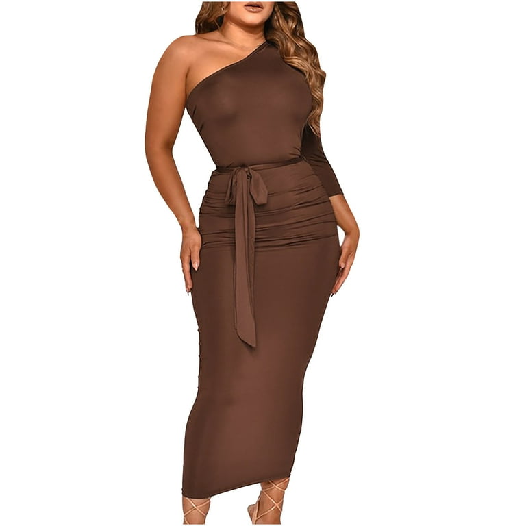 symoid Long Dresses for Women- Fashion Solid Tight One-Shoulder Long Sleeve  Flounced Edge Belt Long Dress Coffee L - Walmart.com