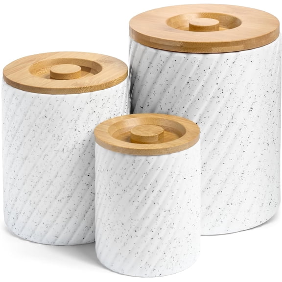 Canister Set for Kitchen Countertop & Pantry – 3 Airtight Food Storage Containers for Flour, Sugar & More – Durable White Ceramic with Bamboo Lids