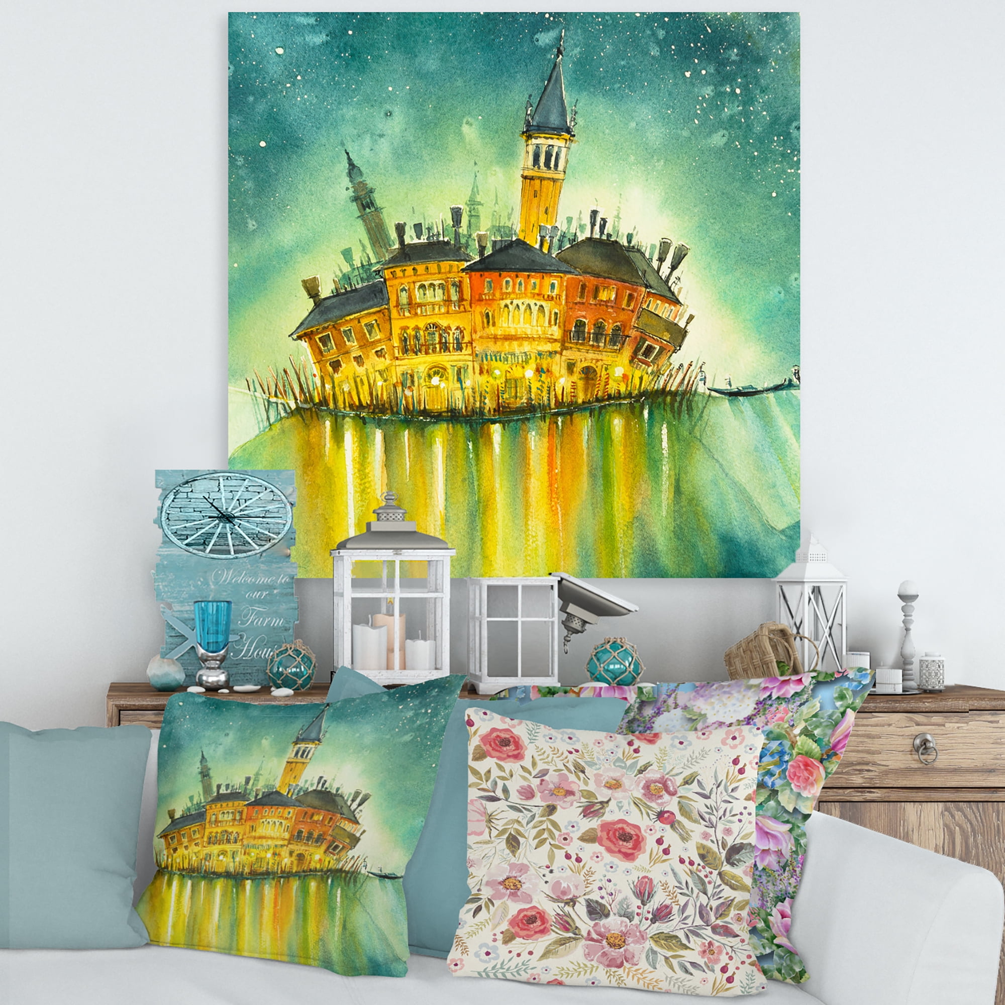 Designart ' Portrait of Idyllic Island of Venice At Night ' Modern Canvas Wall Art Print