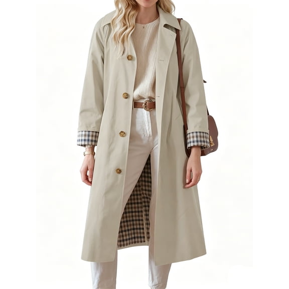 Spring Fall Women Plaid Patchwork Long Sleeved Single Breasted Casual Trench Coat