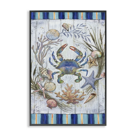 Stupell Industries Coastal Wreath & Crab Nautical & Beach Painting Black Framed Art Print Wall Art, 12 x 18