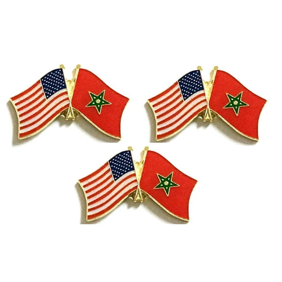 Morocco & US Crossed Flag Lapel Pins, Pack of 3