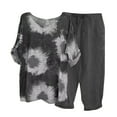 thumbnail image 1 of REORIAFEE 2 Piece Workout Outfits for Women Beach Outfits Women's Summer Print Set Short Sleeve Round Neck Tops + Double Pocket Pants Set Dark Gray S, 1 of 5