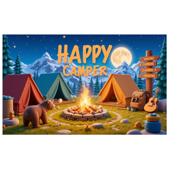Outdoor Adventure Banner Happy Camper Tent Design Campfire Scene Decorative for Hiking Climbing Trekking