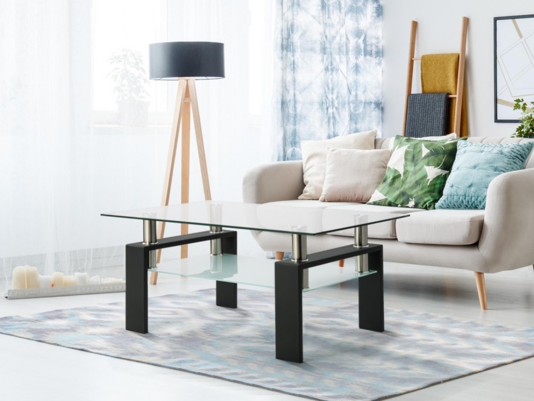 38.6" Rectangle Glass Coffee Table, Clear 2-Tier Center Table with Black Iron Frame, Modern Side Table for Living Room, Office, Apartment, 220 lbs Capacity