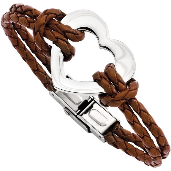 Primal Steel Stainless Steel Heart Leather 7.5in Bracelet