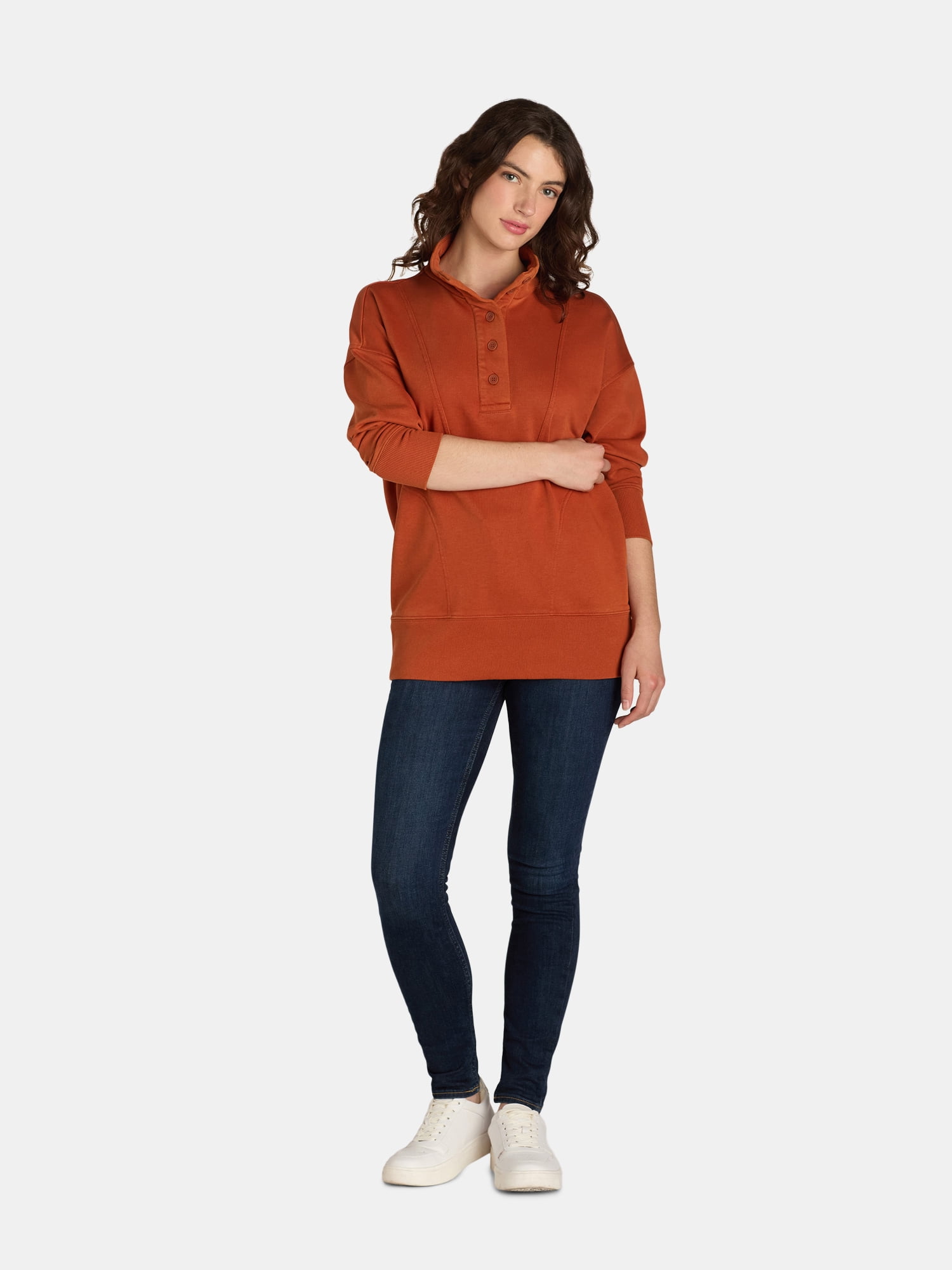 Time and Tru Women's Mock Neck Sweatshirt with Button Placket, Sizes XS-XXXL