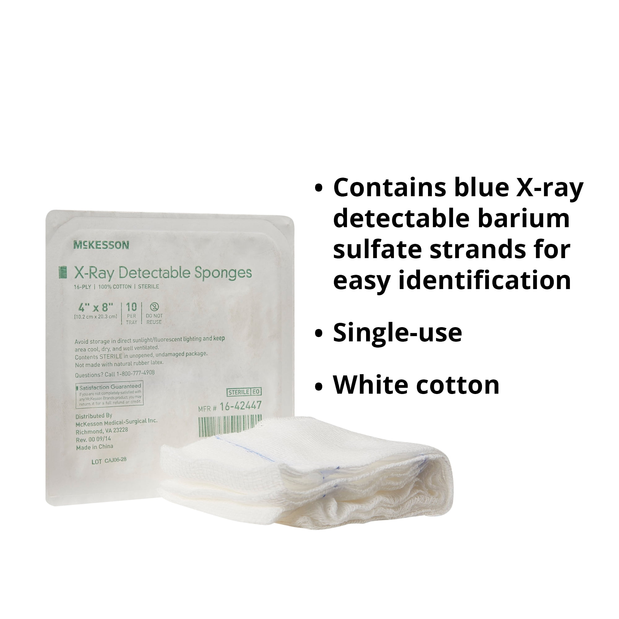 McKesson X-Ray Detectable Gauze Sponges, 16-Ply - Sterile, 4 in x 8in, 10 per Pack, 80 Packs, 800 Total
