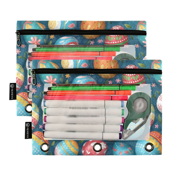2 Pack Pencil Pouch for 3 Ring Binder Smooth Zipper Folders with Pockets Clear Window Pencil Case Colorful Easter Eggs